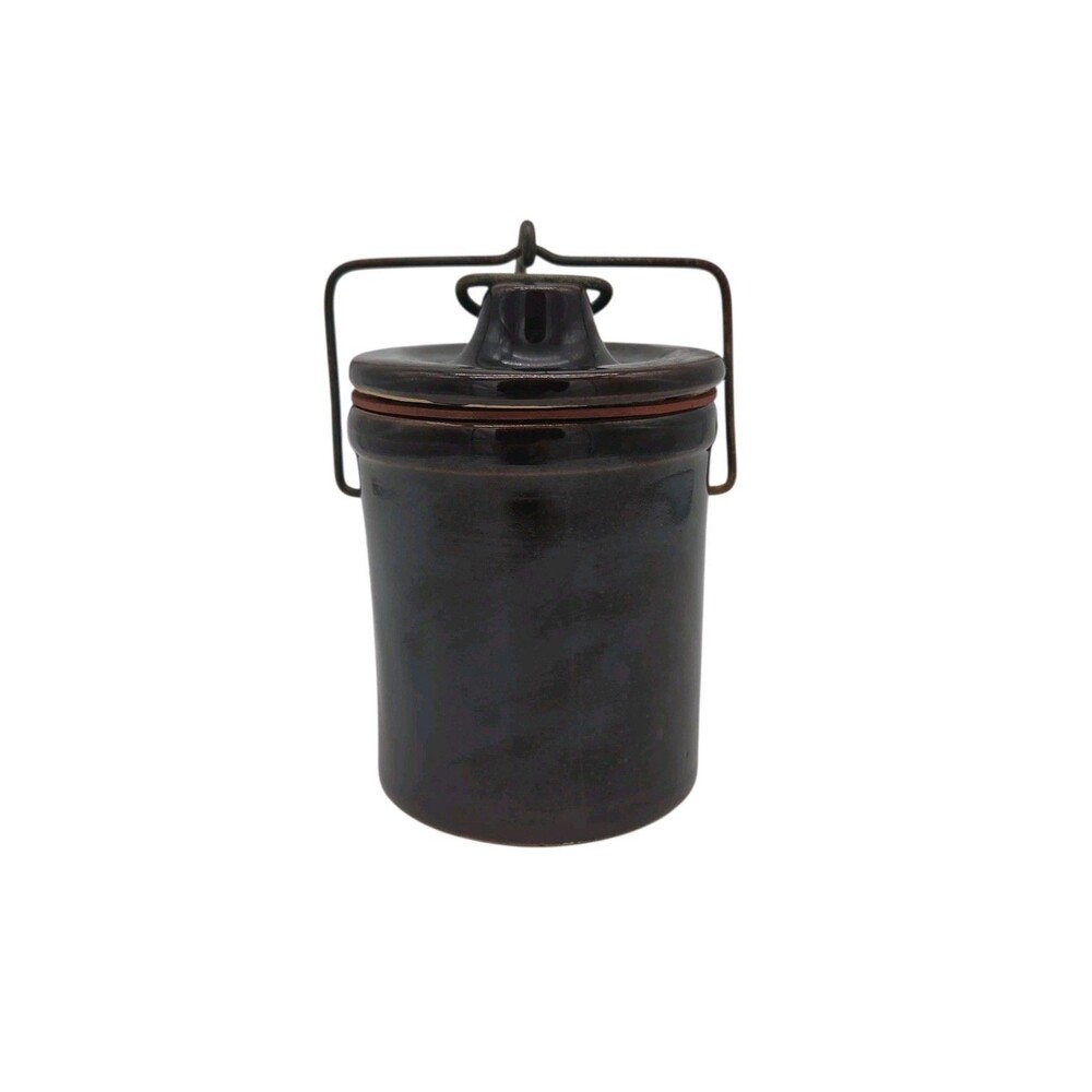 Vtg Brown Glaze Cheese Butter Crock Jar w/ Locking Wire Bail Lid 4" Farm Country